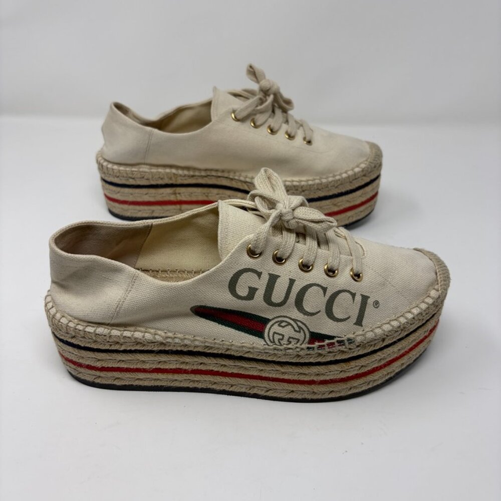 GUCCI Espadrille Sneaker Womens 38.5 / 8.5 US GUCCI Logo Prints Platform Wedge - Picture 6 of 15